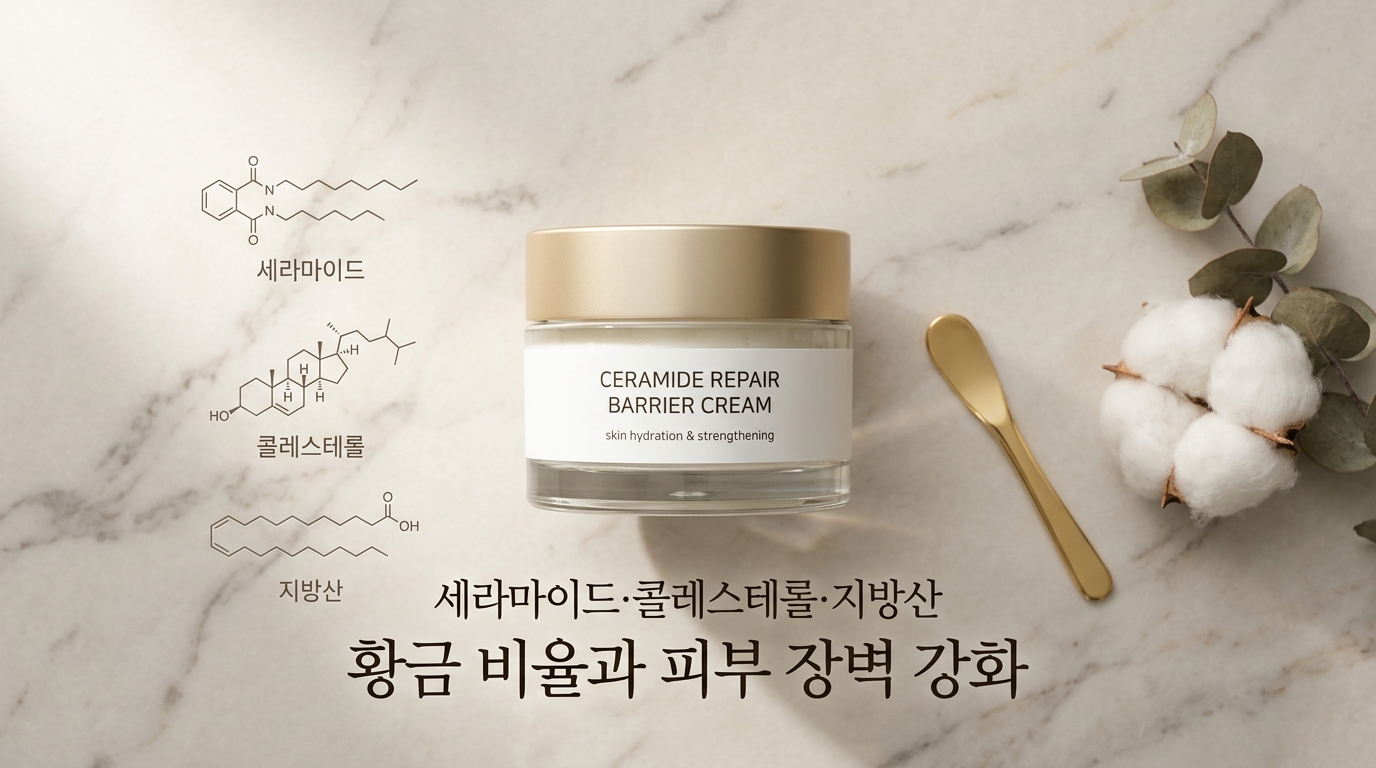 베이지빛 대리석 위에 놓인 프리미엄 장벽 크림과 깔끔한 과학적 무드의 오브제들. '세라마이드&middot;콜레스테롤&middot;지방산', '황금 비율과 피부 장벽 강화'라는 문구를 통해 피부 장벽 지질의 과학적 배합 중요성을 시각화함.