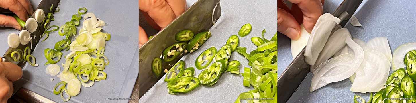 수박껍질(흰살) 무침에 들어갈 야채들(파, 청양고추, 양파)를 썰고 있는 사진