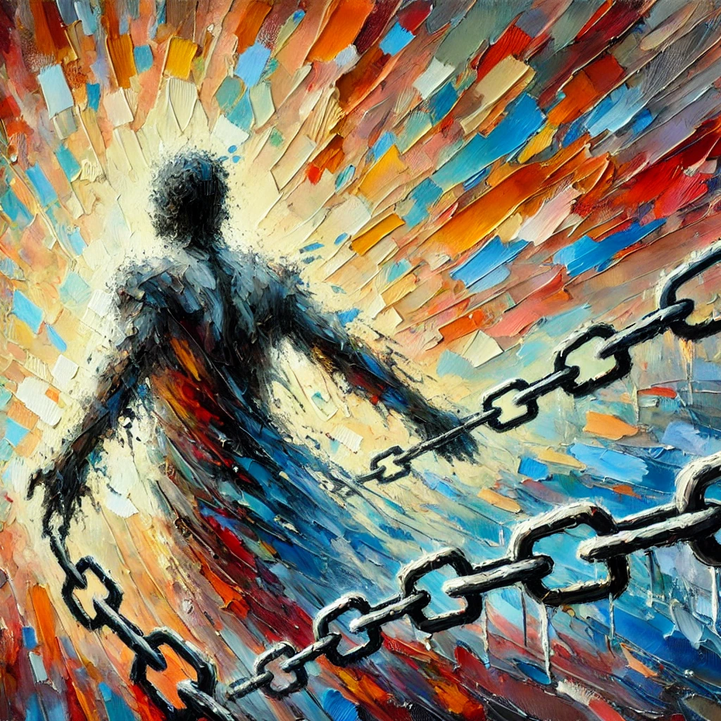 The image of a person with his wrists bound with chains