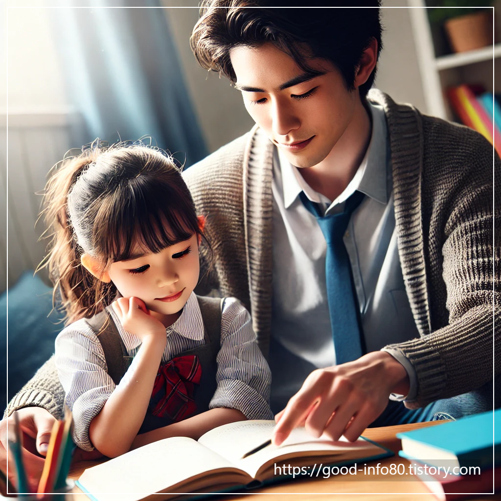 아빠가 딸의 공부를 봐주는 모습