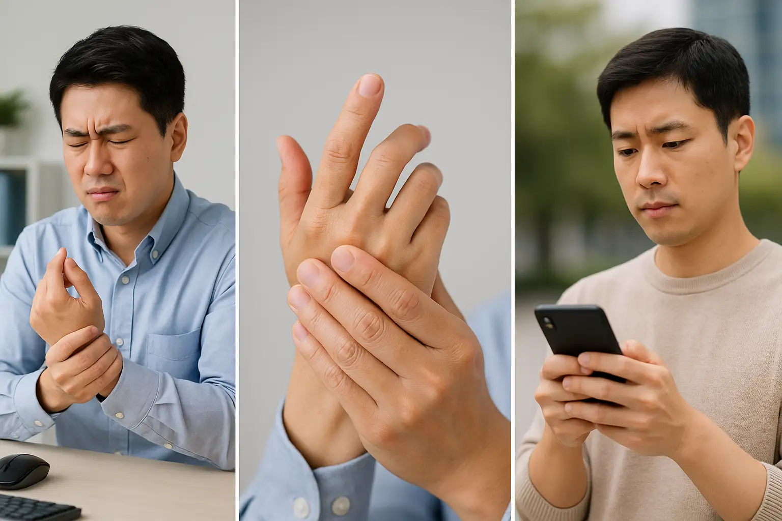 마우스를 오래 사용한 뒤 오른손을 주무르며 불편한 표정을 짓는 직장인, 휴대폰을 많이 사용하는 남성