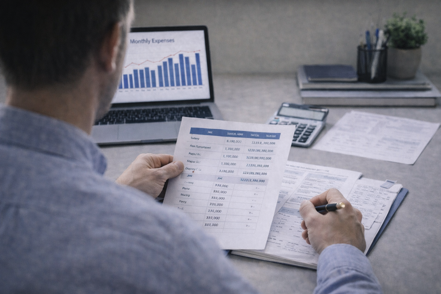 차분한 분위기에서 월말 재정 점검을 하는 직장인의 뒷모습