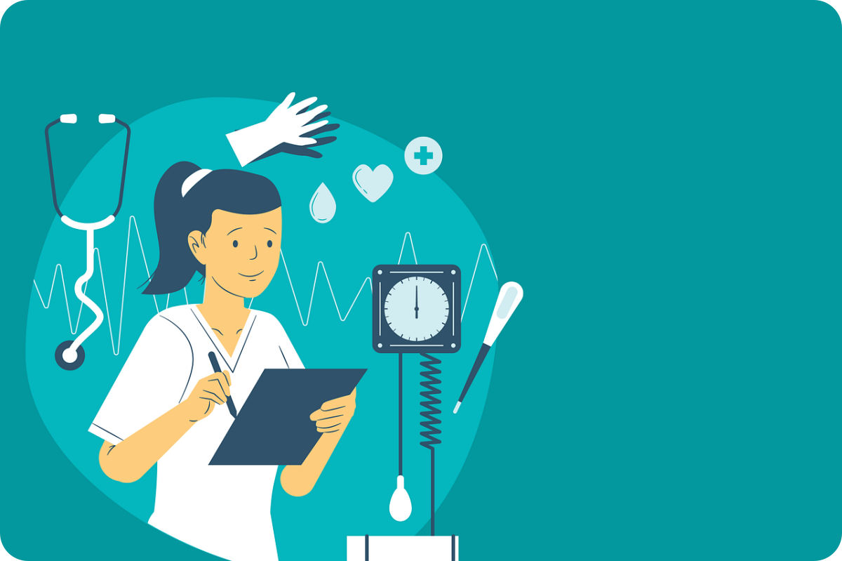 초록색배경-일러스트-청진기-혈압계-근무하는간호사