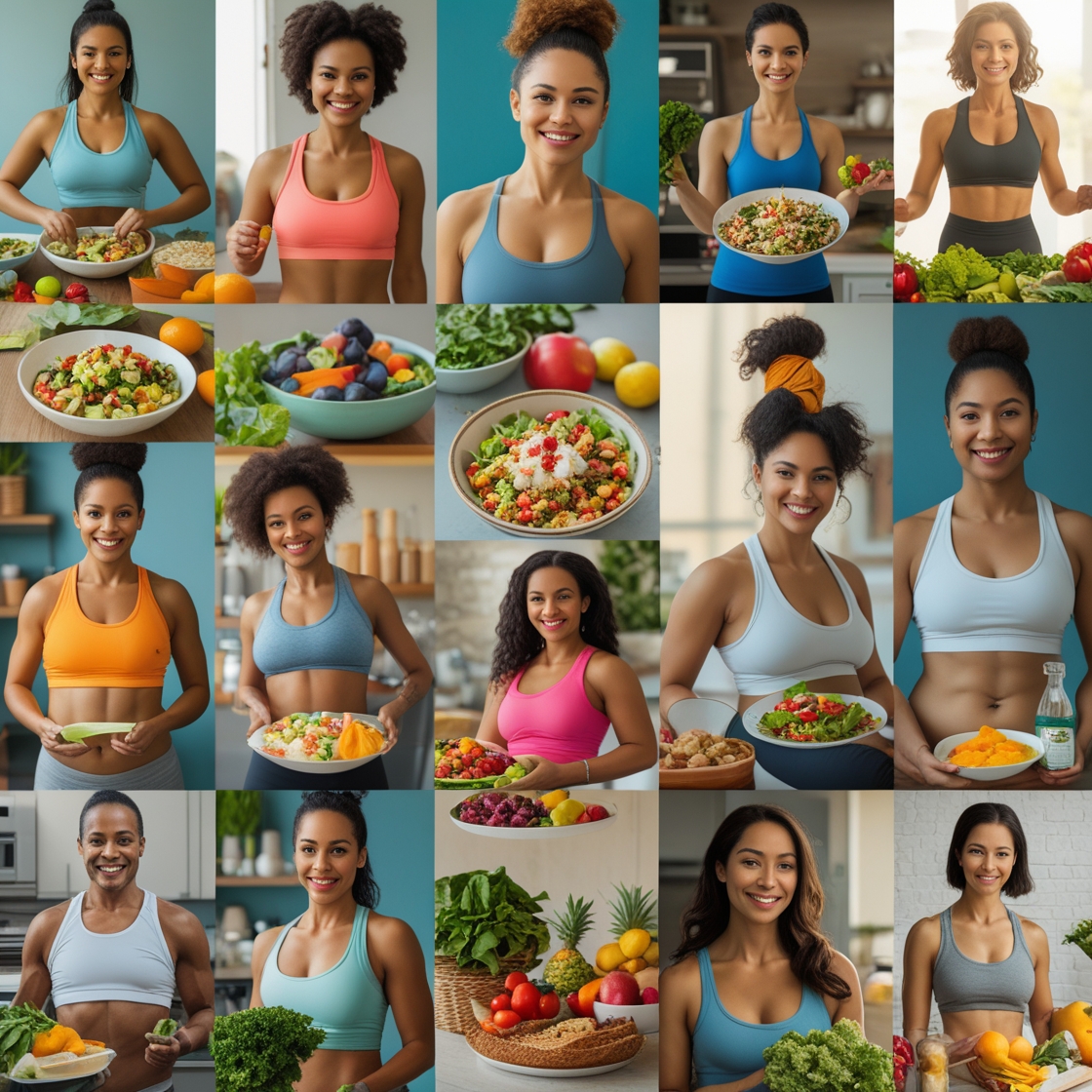 다양한 연령대, 민족, 체형을 가진 실제 사람들의 모습을 생생하고 다양하게 담아낸 사진 모음으로, 건강한 체중 감량을 촉진하는 다양한 식습관 및 생활습관을 실천하는 모습을 보여줍니다.