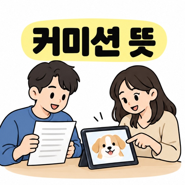 커미션 뜻 제목 아래 두 사람이 안내 문서와 태블릿에 표시된 강아지 그림을 함께 살펴보는 모습