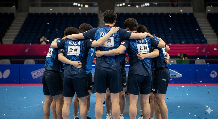탁구 경기 후 승리를 만끽하고 있는 선수들