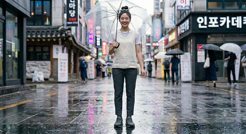 우산을 쓰고 세련된 시티 레이어드 룩을 입은 감성적인 장마철 분위기의 대표 이미지