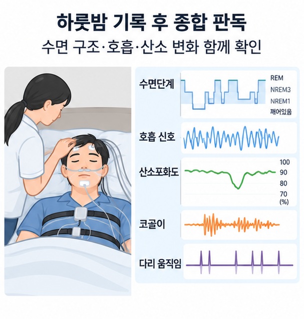 수면다원검사 결과에서 수면단계와 호흡 이상, 산소포화도, 코골이와 움직임을 분석하는 이미지