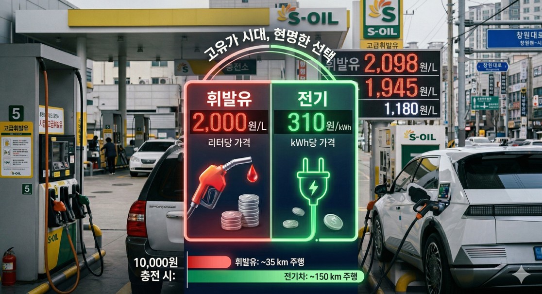 주유소 기름값 '2,000원' 표시와 대비되는 저렴한 전기 충전 비용을 시각화한 그래픽