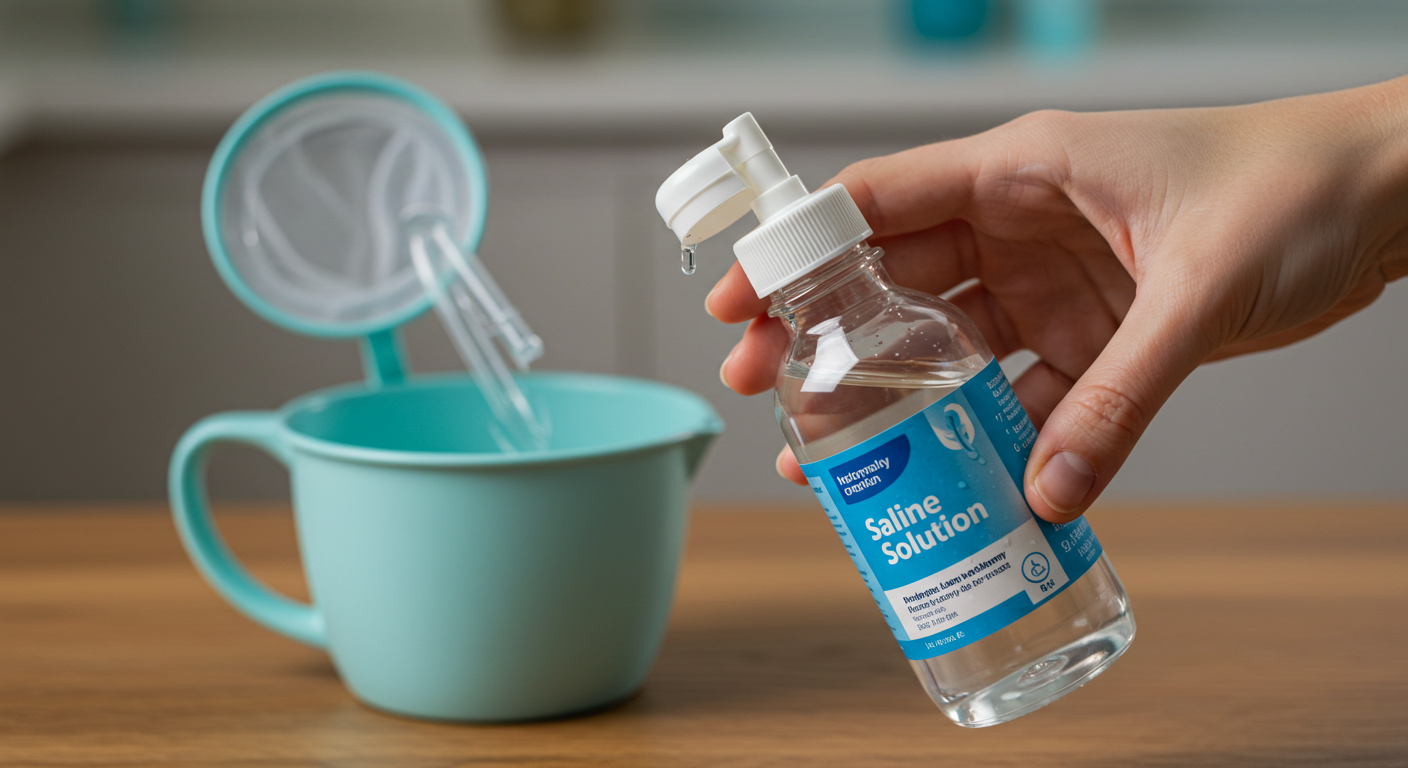 식염수를 그릇에 담으려고 하는 모습