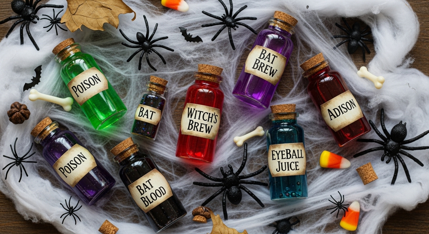 집에서 만든 할로윈 거미줄 장식과 약병 소품들