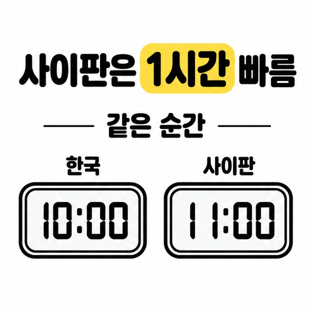 사이판은 한국보다 1시간 빠르다는 설명과 같은 순간의 한국 10시, 사이판 11시 디지털 시각을 비교한 이미지