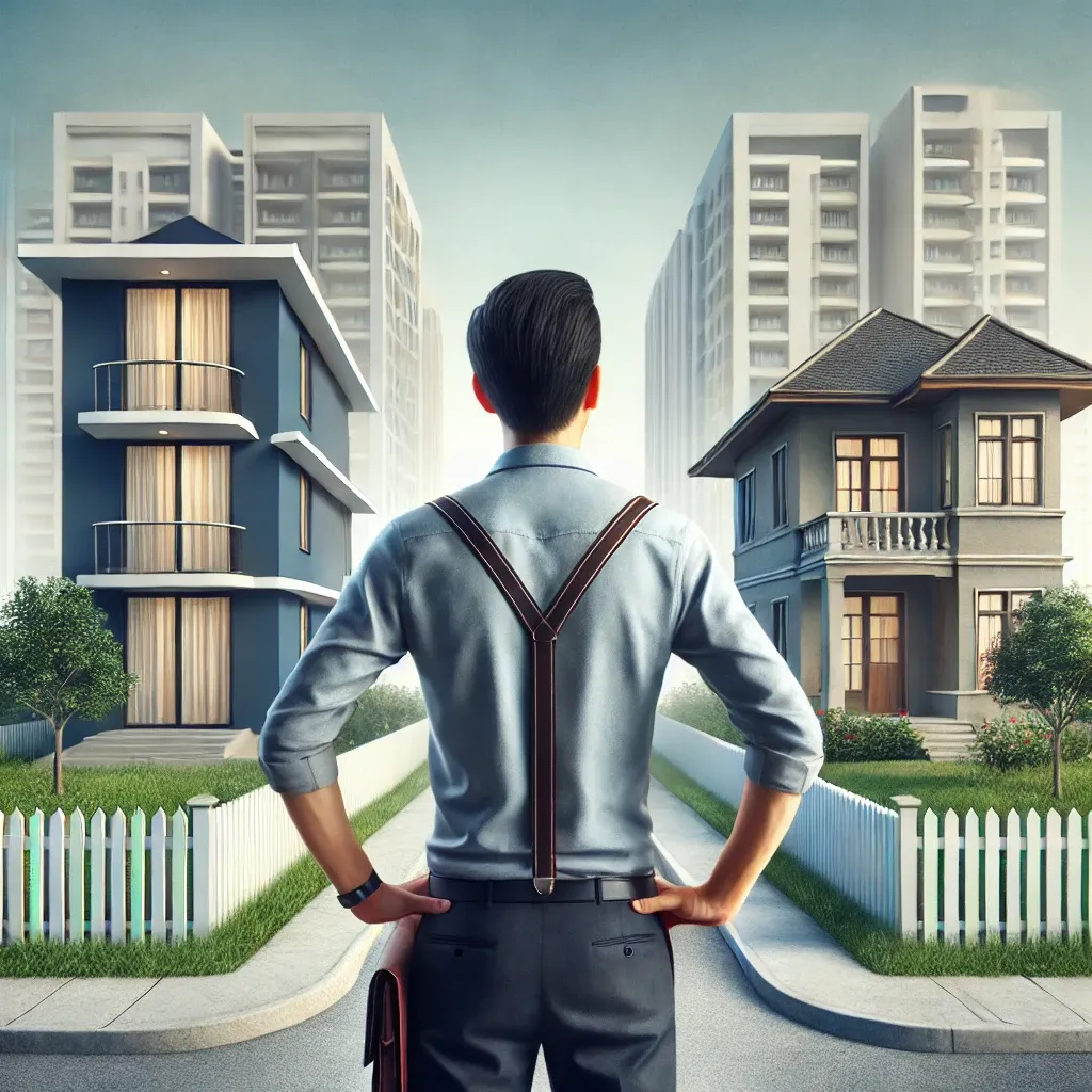 투자자가 아파트와 빌라를 바라보며 고민하는 뒷모습