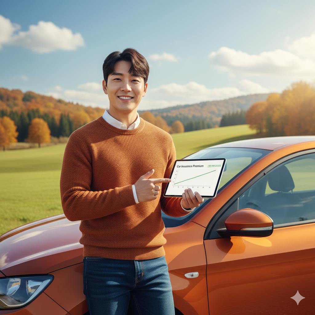 자동차 옆에서 태블릿으로 자동차 보험료 그래프를 보여주는 젊은 남성
