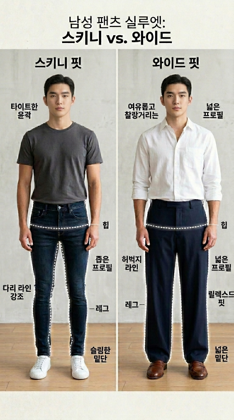 스키니 팬츠와 와이드 팬츠의 실루엣 비교를 보여주는 시각 자료
