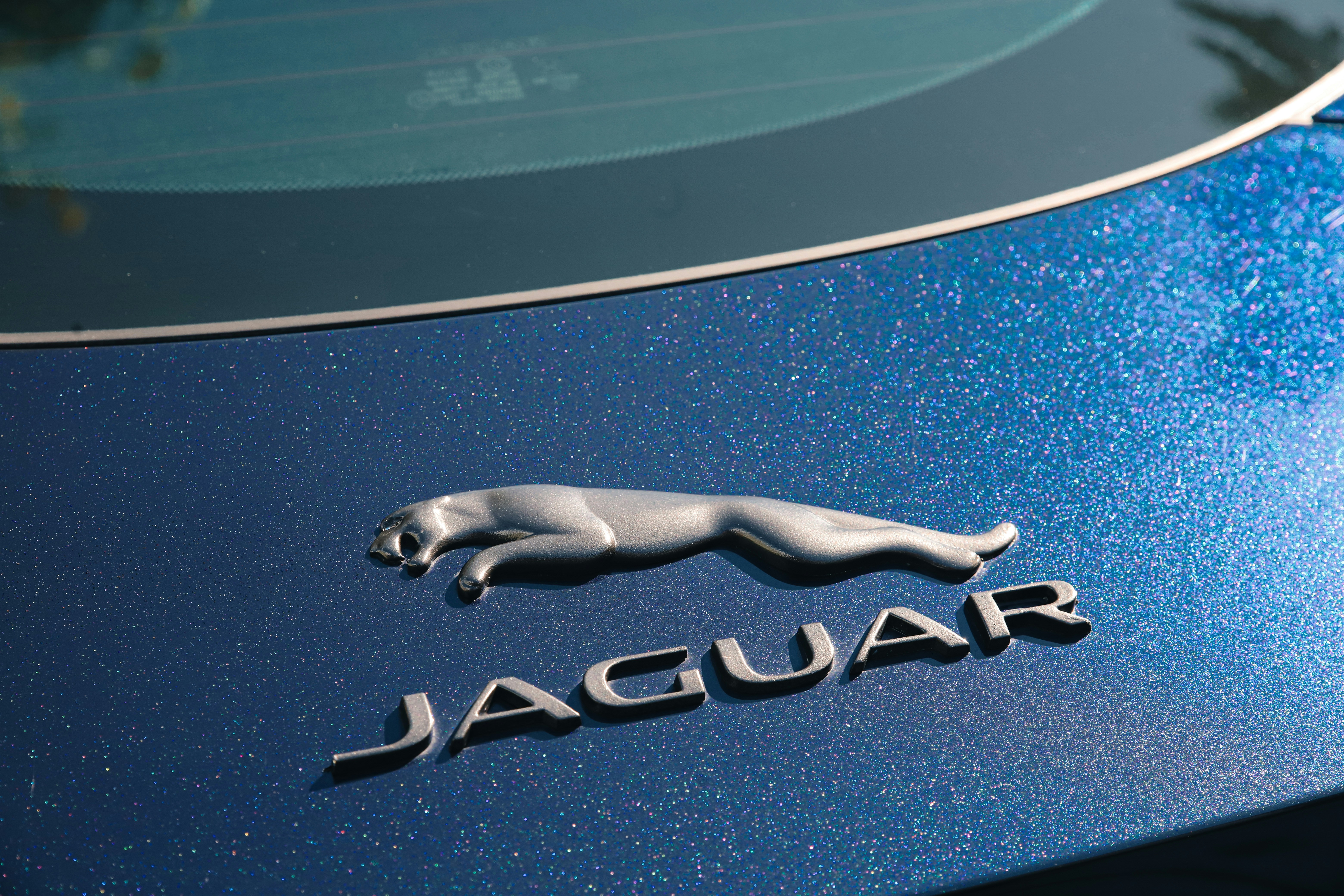 짙은 파란색 자동차 트렁크에 은색으로 새겨진 재규어 로고와 그 아래 'JAGUAR' 글씨가 클로즈업된 모습