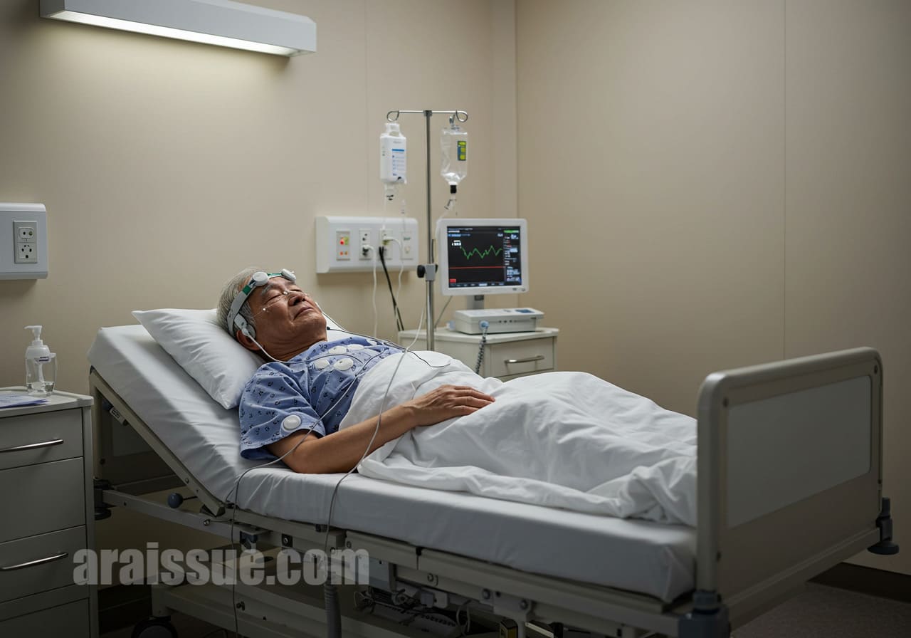 수면다원검사를 받는 한국인 시니어 남성 모습