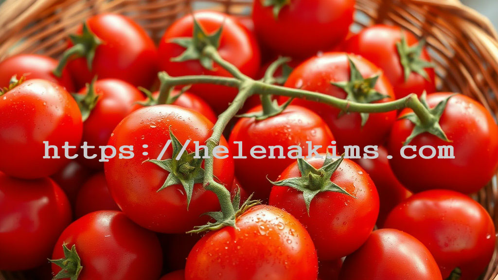 싱싱하고 빨간 토마토가 대나무 바구니에 가득 담긴 모습