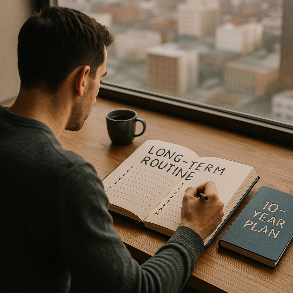 도시 전경을 배경으로 책상에 앉아 장기 루틴을 계획하며 노트에 쓰고 있는 남성의 뒷모습 &ndash; 10년 계획과 루틴 실천 이미지