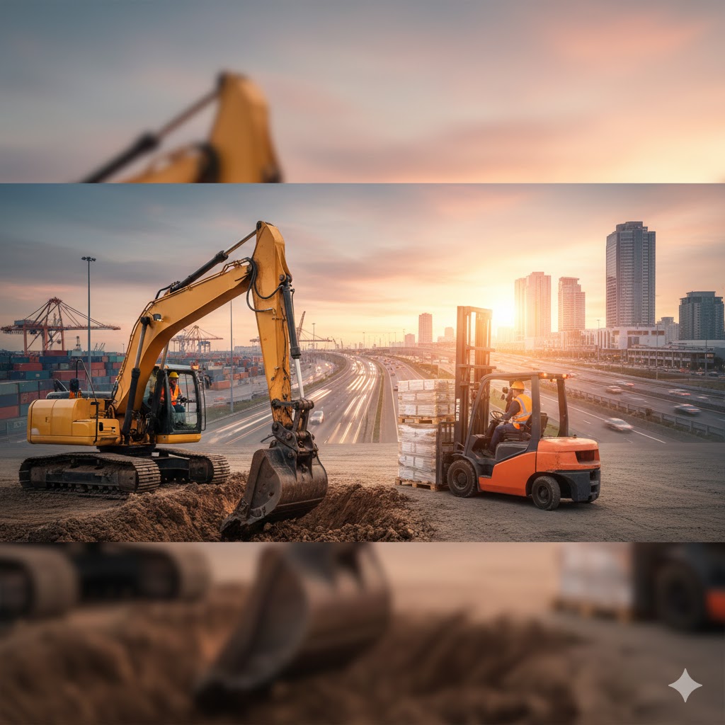 이미지 출처: AI 생성 이미지(콘텐츠 이해를 돕기 위한 시각 자료, 실제 인물을 특정하지 않은 AI 생성 이미지)
지게차 및 굴착기 운전 기능사가 실제 건설&middot;물류 현장에서 작업하는 모습을 표현한 이미지