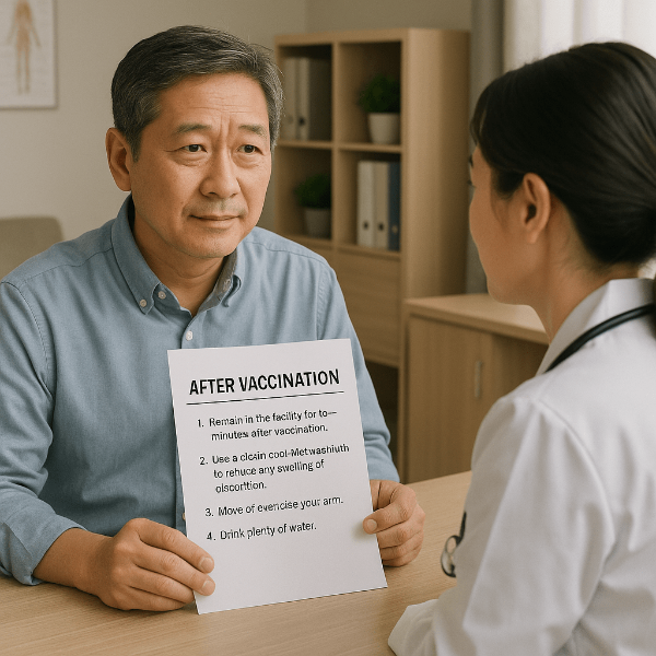접종 후 주의사항을 듣는 환자와 의료진의 상담 모습