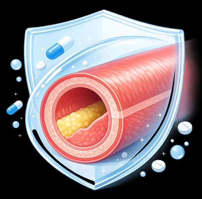스타틴 복용으로 LDL 콜레스테롤이 감소하며 혈관을 보호하는 구조 설명 이미지