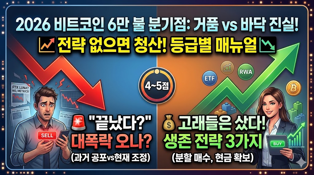2026 비트코인 6만 불 분기점 분석 썸네일. 좌측의 공포·대폭락 우려를 나타내는 하락 화살표와 우측의 ETF, RWA 중심의 고래 생존 전략을 나타내는 상승 화살표가 대조를 이루며, 중앙에 시장 온도 4~5점 지표가 표시되어 있습니다.