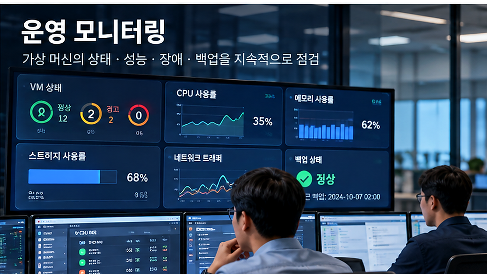 운영자가 가상 머신의 자원 사용량과 장애 알림 및 백업 상태를 점검