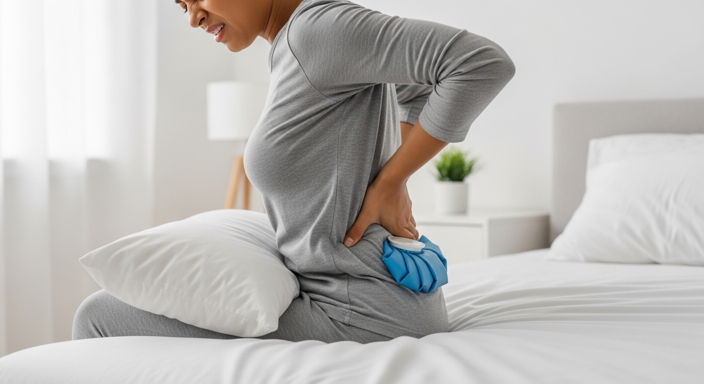 허리 통증으로 인해 침대에 누워 무릎 아래 베개를 받치고 허리에 냉찜질 팩을 대고 있는 사람. 통증 완화를 위한 즉각적인 대처 모습을 보여줍니다.