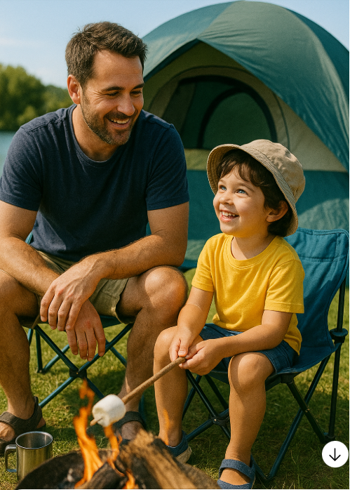 여름날씨에 어린아이가 아빠와 캠핑하는 사진