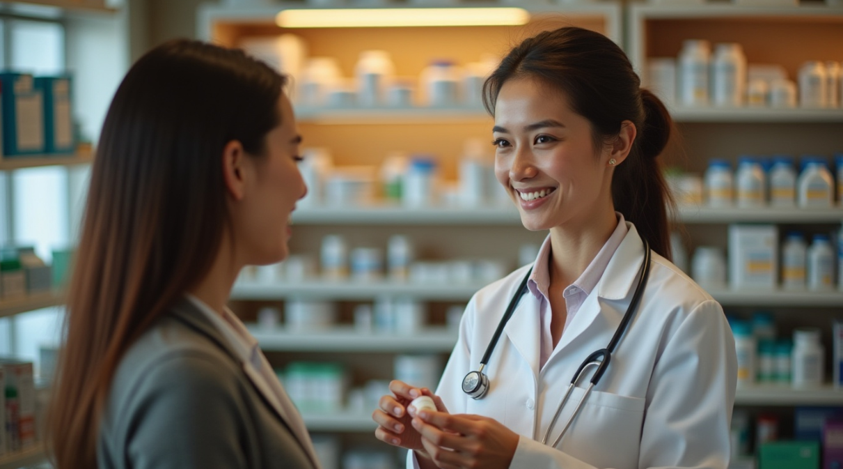 약사와 후배가 웃으며 이야기 나누는 모습