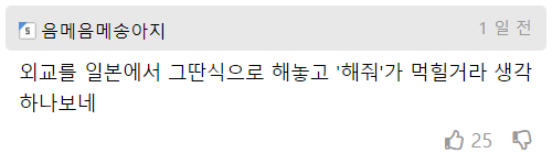 음메음메송아지
1일전
외교를 일본에서 그딴식으로 해놓고 '해줘'가 먹힐거라 생각 하나보네
25