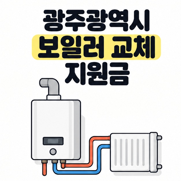 광주광역시 보일러 교체 지원금 제목 아래 벽걸이 보일러와 빨강 및 파랑 배관이 난방기에 연결된 모습을 그린 대표 이미지