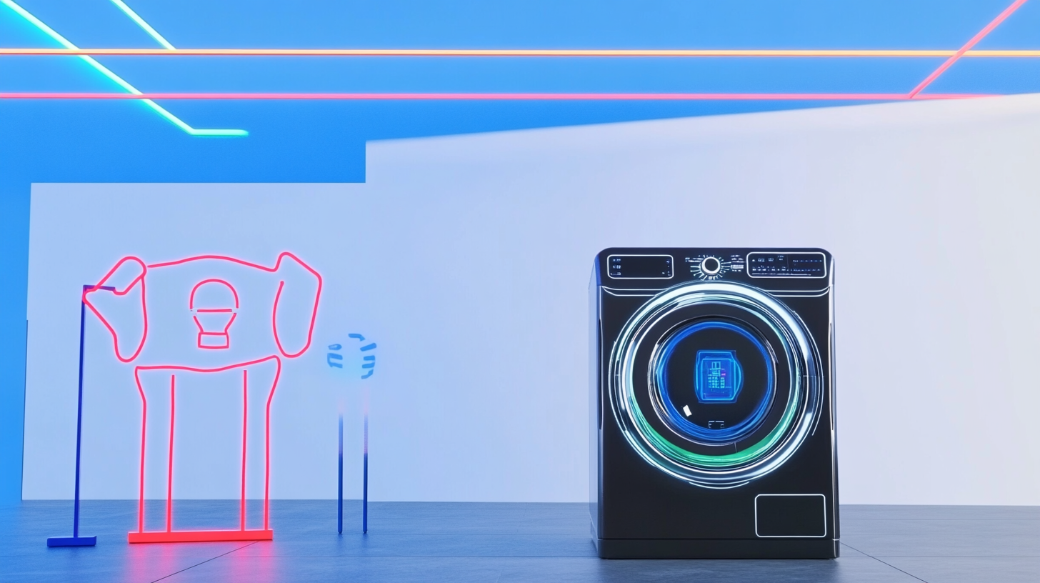 미래지향적인 디자인의 세탁기가 AI 요소와 함께 나타나는 이미지, 밝은 조명이 비추는 현대적인 스타일