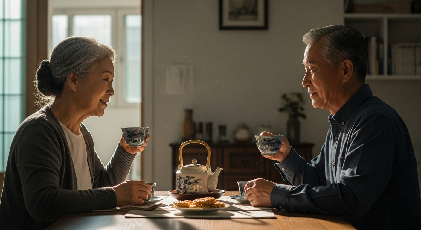 매일 저녁 차를 마시며 대화하는 60대 부부
