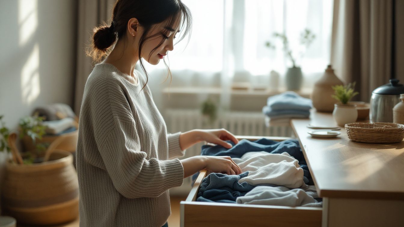따뜻한 햇살이 드는 집에서 한국인 주부가 서랍 속 옷을 차분히 정리하는 모습