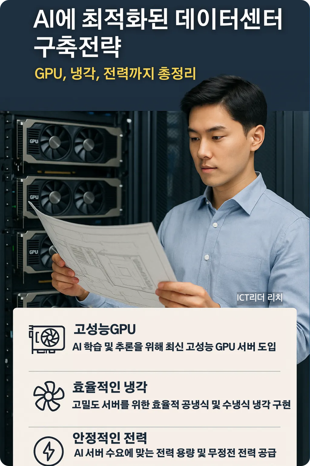 AI GPU 서버 앞에서 설계도를 검토 중인 20대 남성 전문가의 인포그래픽