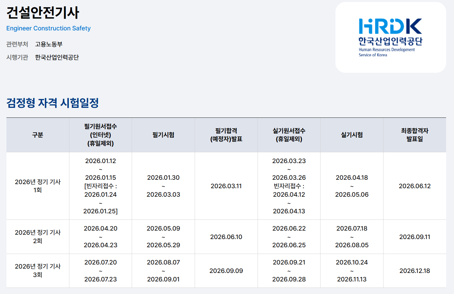 2026년 건설안전기사 시험일정