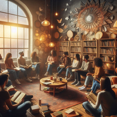 다양한 사람들이 책이 가득한 방에서 원을 이루어 앉아 책을 읽고 있는 모습입니다.