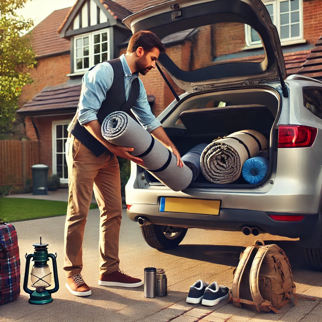 직장인이 주말에 캠핑을 즐기러 떠나기 위해 차에 캠핑용 텐트, 침낭 등 캠핑용품을 싣고 있는 모습의 사진