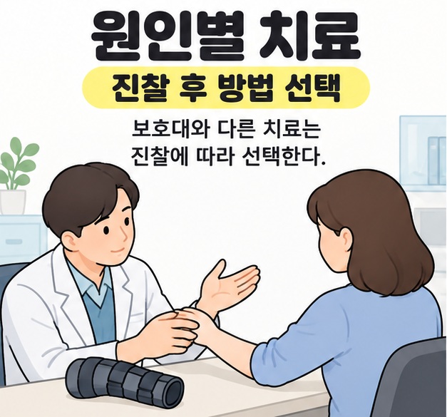 원인별 치료와 진찰 후 방법 선택 문구 아래 보조기가 놓인 진료실 탁자에서 환자의 손목을 살펴보는 의료진