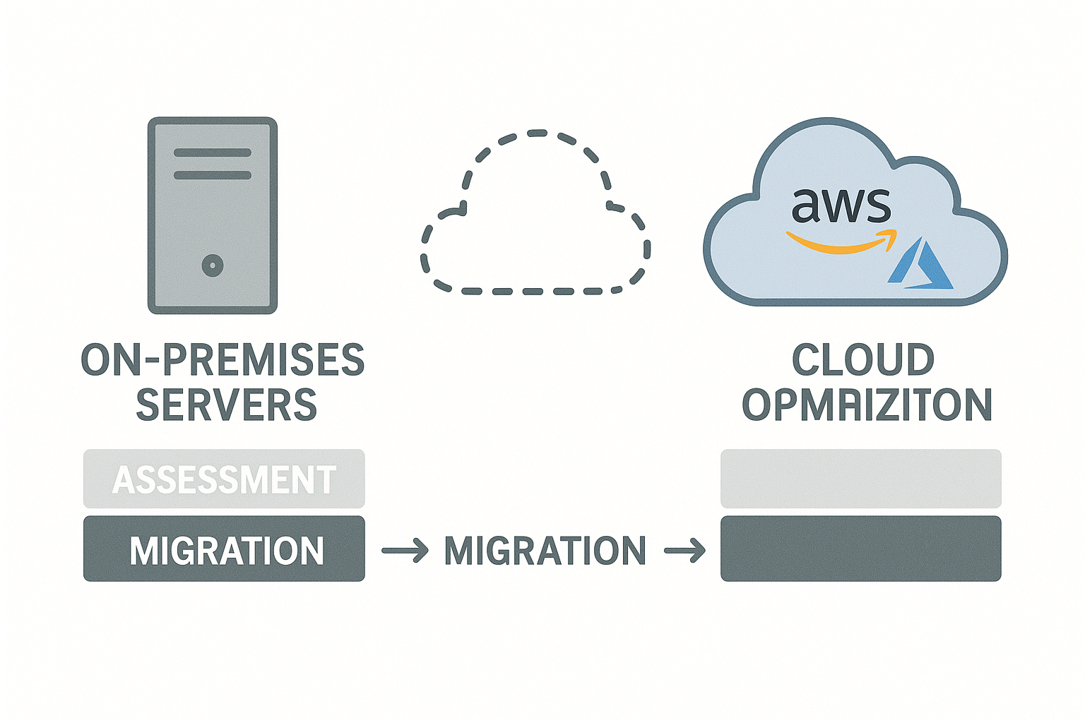 온프레미스 서버 환경에서 클라우드 컴퓨팅 환경으로 이전하면서 설계, 마이그레이션, 비용 최적화 단계를 거치는 과정을 단계별로 정리한 다이어그램
