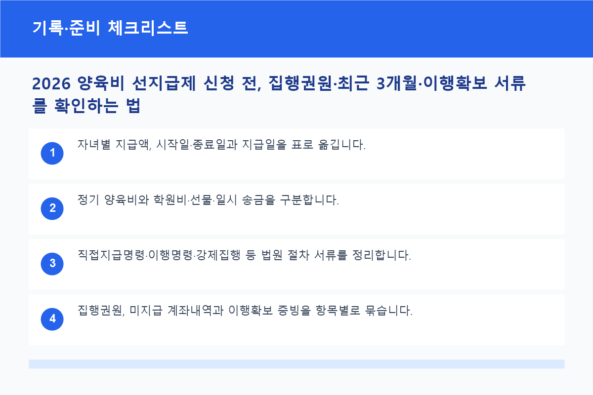 2026 양육비 선지급제 신청 전, 집행권원&middot;최근 3개월&middot;이행확보 서류를 확인하는 법 기록&middot;준비 체크리스트 정보 이미지