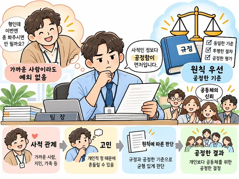 Educational illustration of Daeuimyeolchin (大義滅親), showing a team leader prioritizing fairness and organizational rules over personal relationships to make an impartial decision and build community trust.