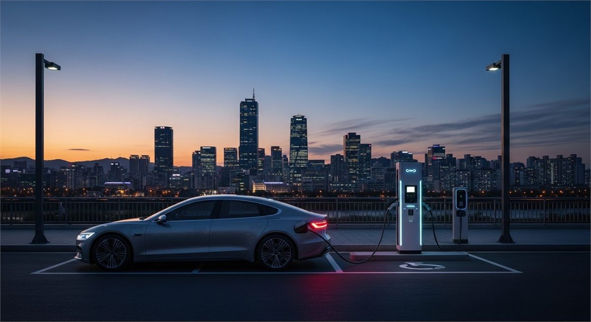 충전 인프라와 도심 배경 속 미래 모빌리티를 상징한 차량 장면 