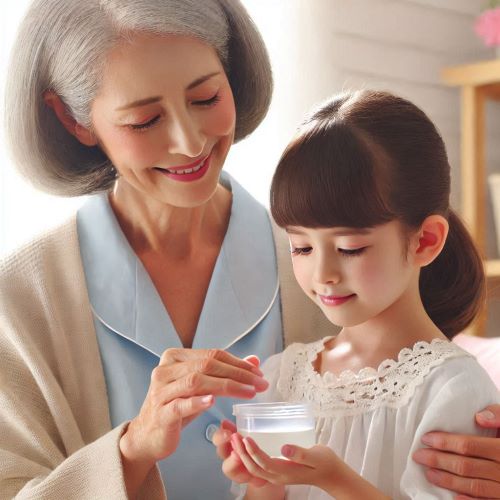 50대 여성이 5세 정도의 아이를 돌보고 있다.