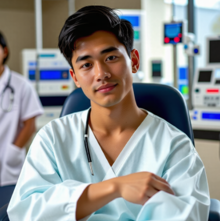 병원에서 건강검진을 받고있는 청년