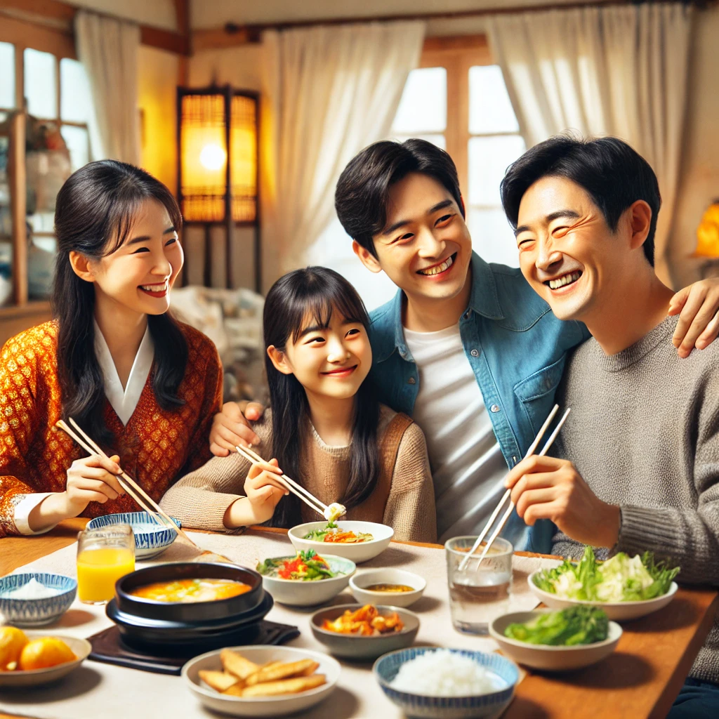 한국 가족이 집에서 행복하게 식사하는 모습