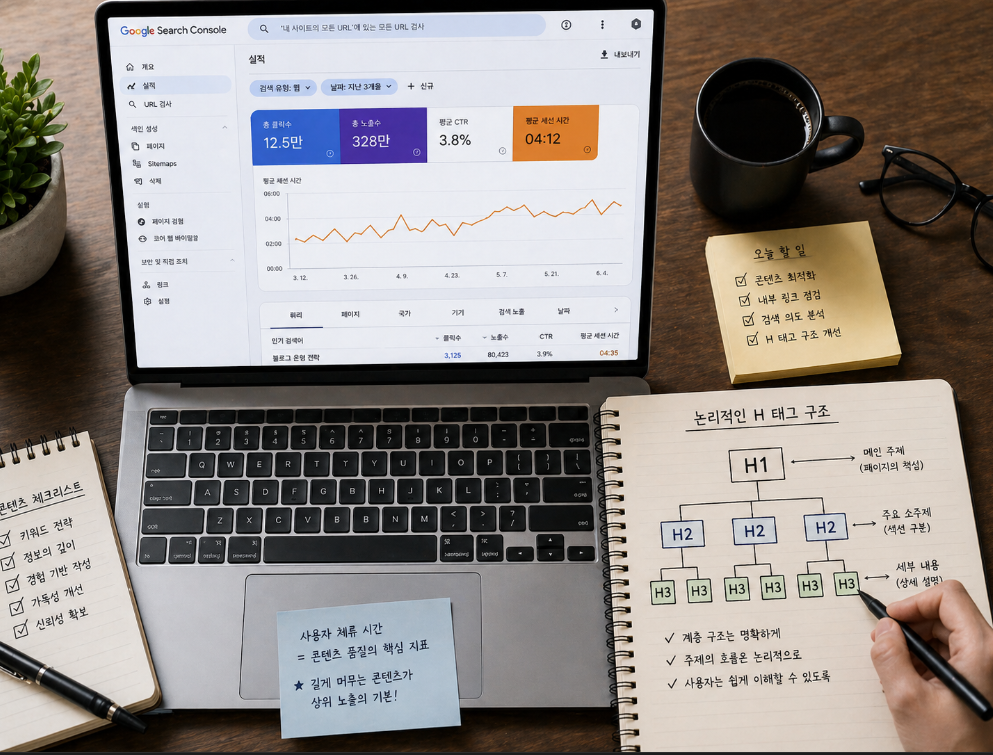 구글 서치콘솔 데이터를 분석하며 논리적인 소제목 구조를 설계하는 마케터의 모습