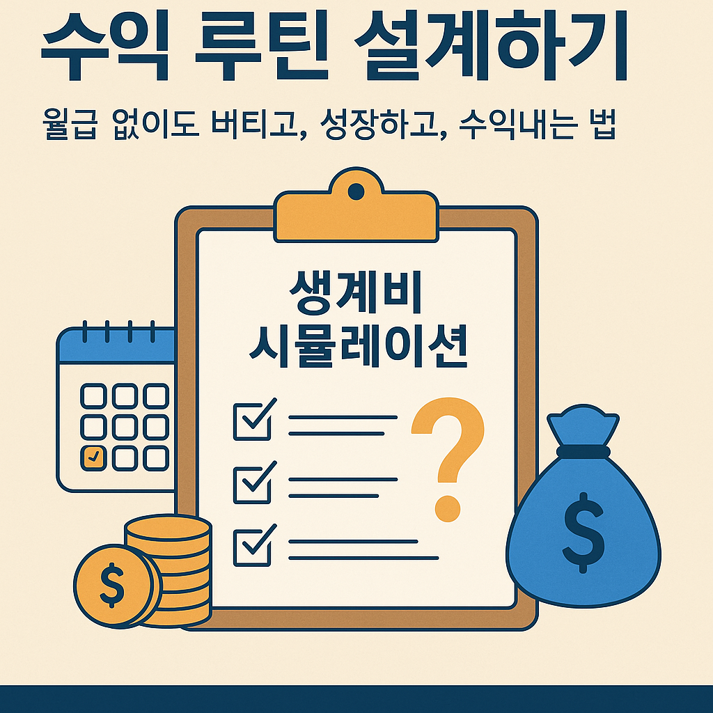 퇴사 후 1년간의 생계비 구조를 계획하는 루틴 기반 디지털 일러스트 – 가계부와 그래프가 조화를 이루는 재정 전략 컨셉